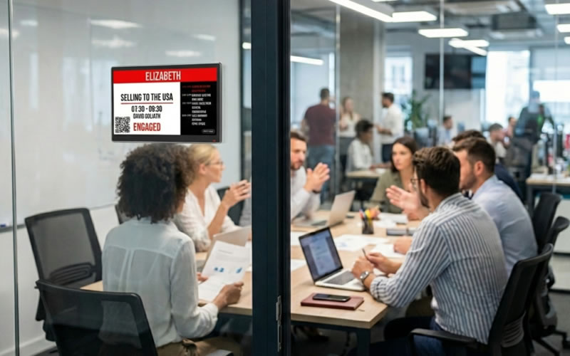 A Door Tablet ePaper display mounted beside a meeting room door