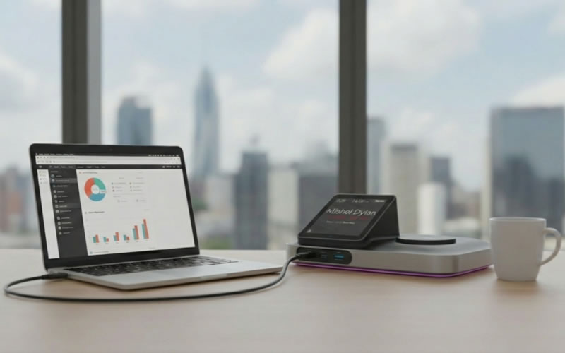 A Door Tablet desk device and docking station beside a laptop on a shared desk