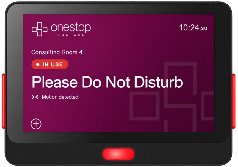 A Door Tablet room display with red status lighting, showing Consulting Room 4 in use with the message Please Do Not Disturb and Motion detected